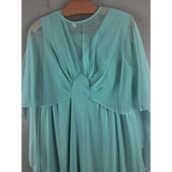 Vintage 60s 70s Evening Dress 18 Aqua Green Chiffon 45" Long Flowy Hollywood - Picture 3 of 12